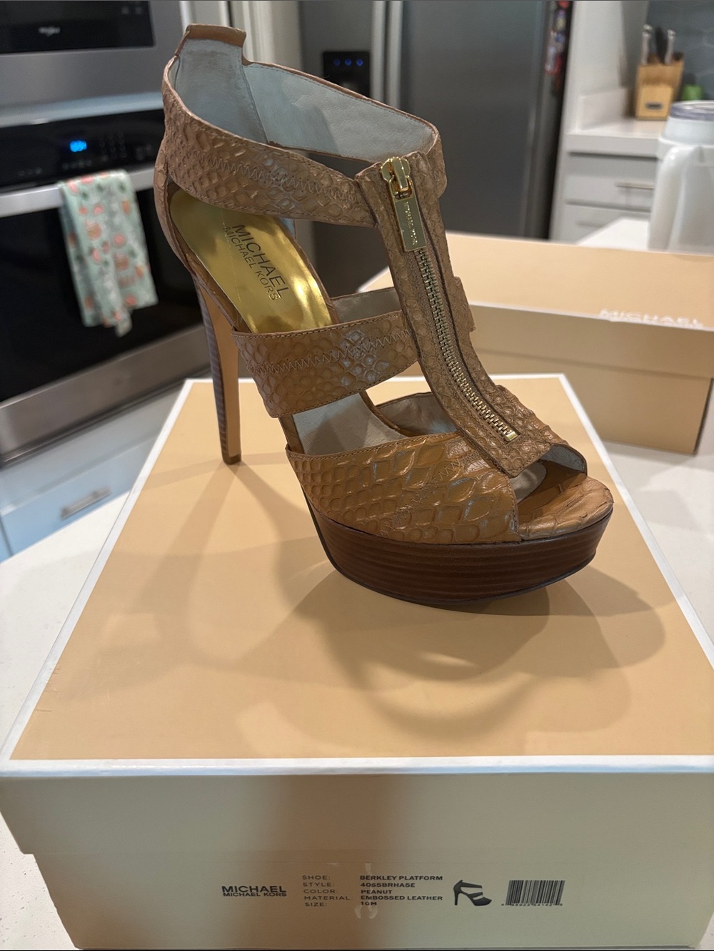 Michael Kors Brown Textured Leather Platform Sandal with Front Zip